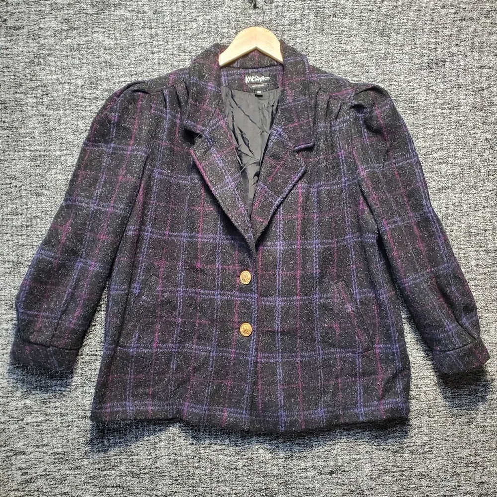 Karizma East Ltd Blazer Jacket Women 18W Black Plaid Wool Blend Puff Sleeve